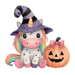 Fototapeta premium Happy halloween A whimsical watercolor illustration featuring a cute unicorn in a witch's hat beside a smiling pumpkin, Perfect for Halloween-themed decorations, children's books, party invitations
