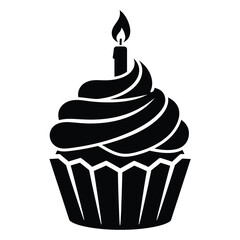 Black cupcake with lit candle dessert sweet