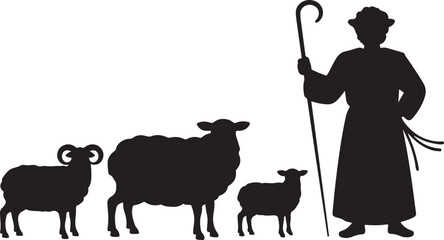 Holiday silhouettes christmas Nativity. Shepherd grazes flock sheep. Illustration
