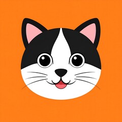Fototapeta premium A cheerful cartoon cat head with black and white markings, a pink tongue, and large, expressive eyes on an orange background