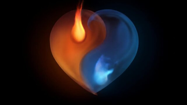Heart-shaped image with fire & water; dark background, orange-red flames/blue-white water