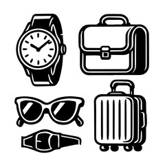 Minimalist Travel Accessories Icons – Watch, Briefcase, Sunglasses, Suitcase, and Neck Pillow