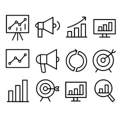Minimalist Business Icons – Charts, Megaphone, Target, Monitor, and Magnifier in Black Line Style