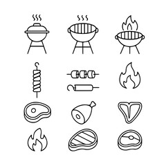 Minimalist BBQ Icons – Grill, Skewers, Steak, Flame, and Meat Cuts in Black Line Style