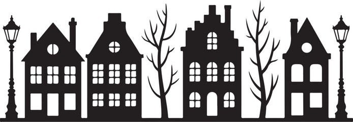 Laser cut Amsterdam style houses. Silhouette of row typical dutch canal houses at Netherlands. Stylized facade of old buildings. Wood carving, paper cut vector template. Background for banner, card