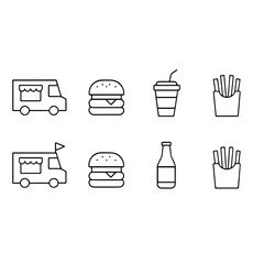 Minimalist Fast Food Icons – Food Truck, Burger, Drink, and Fries in Black Line Style