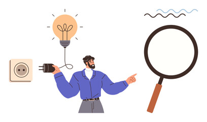Man holds power plug near outlet, lightbulb shows innovation, magnifying glass represents investigation. Ideal for creativity, energy, problem-solving, discovery, innovation, brainstorming research