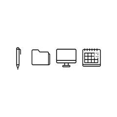 Minimalist Office Icons – Pen, Folder, Monitor, and Calendar in Black Line Style