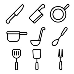 Minimalist Kitchen Tool Icons – Knife, Pan, Ladle, Whisk, Spatula, and Fork
