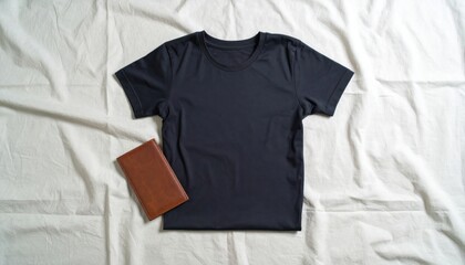 Navy Blue Tshirt and brown wallet mockup on white fabric background.