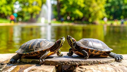 Two turtles face each other near a pond