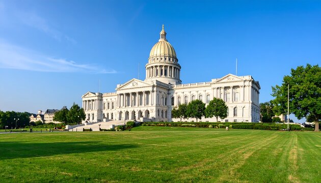 Wide shot of a state capitol building, with manicured lawn in foreground