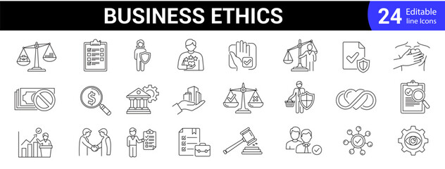 Business ethics line icon set. Editable outline corporate, fairness, integrity, loyalty, trust, equality, code of conduct, honesty, anti corruption etc. Vector symbol collection