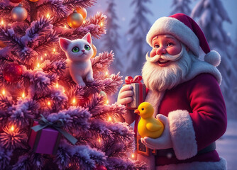 Santa Claus with a white cat and a yellow duck near a decorated Christmas tree in a snowy forest setting