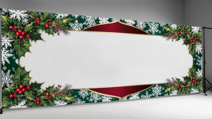 A festive Christmas banner featuring the word 'CHRISTMAS' in bold letters, surrounded by holly leaves and snowflakes