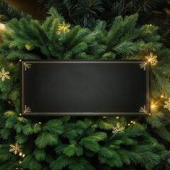 A close-up of a Christmas wreath adorned with golden decorations and a black sign