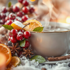A steaming cup of tea surrounded by festive decorations. Includes cranberries, orange slices, pine cones, and candles
