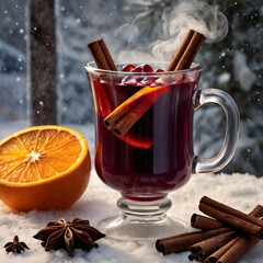 A warm glass of mulled wine with cinnamon sticks and orange slices