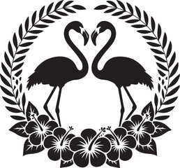 Two elegant flamingos forming a heart shape with their necks, symbolizing love on an isolated white background.