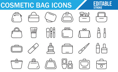 Cosmetic Bag Essentials: Beauty and Makeup Line Icons