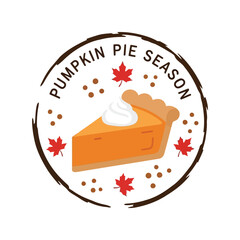 Festive pumpkin pie slice autumn celebration food art autumn leaves and berries circle graphic vector