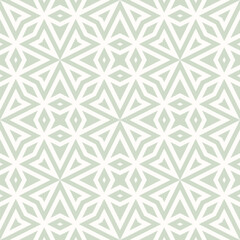 Vector seamless pattern with floral geometric star shapes, diamond cross motifs, arrow lines. Subtle green texture with stripe elements. Elegant retro design for textile, wallpaper, interior, decor
