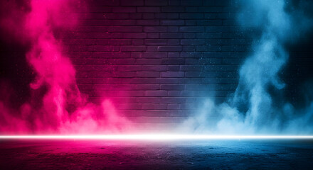 Obraz premium Neon smoke and brick wall with light effects background