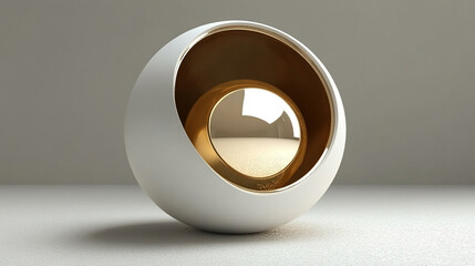 3D render of an abstract minimal background featuring a glowing gold core sphere partially concealed within a golden hemispherical shell, expressing modern luxury, balance, and refined futuristic desi