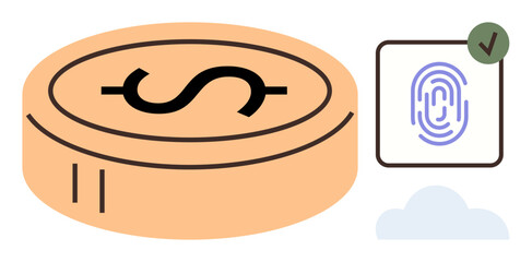 Currency coin, authenticated fingerprint with checkmark, and cloud integration. Ideal for digital payment, fintech, security, blockchain, authentication, online banking simple flat metaphor
