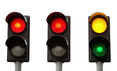 Three traffic lights showing red, red, and yellowgreen isolated on transparent background, indicating different states of traffic control and road safety