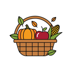 Autumn harvest basket with pumpkin apple corn and falling leaves seasonal celebration vector