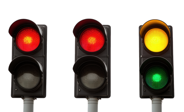 Three traffic lights showing red, red, and yellowgreen isolated on transparent background, indicating different states of traffic control and road safety