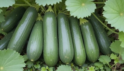 Fresh cucumbers grow among vibrant green leaves.