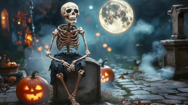 Halloween Spooky Skeleton on Gravestone Surrounded by Glowing Pumpkins Under Full Moon