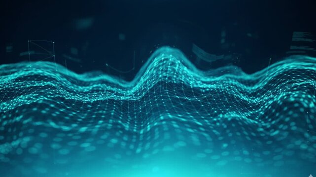 Soft aqua-blue particle waves forming smooth digital flow lines. Calm motion background.