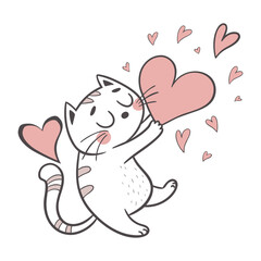 Adorable kitten hugging a large heart surrounded by smaller hearts