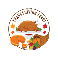 Happy thanksgiving feast roasted turkey pumpkin pie cornucopia autumn harvest celebration vector