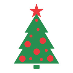 Simple Christmas Tree with Red Star and Ornaments on White Background