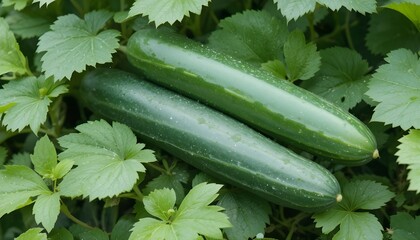 Fresh cucumbers grow among vibrant green leaves.
