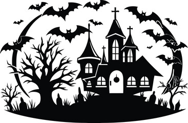 Halloween, vector illustration vector art of a spooky haunted house silhouette with bats flying around, perfect for halloween themed designs and decorations	