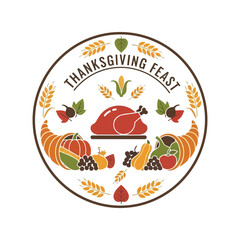 Traditional thanksgiving feast round emblem with roast turkey cornucopia and autumn harvest symbols vector