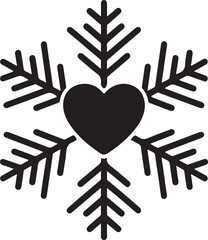 Snowflake with heart icon. Black silhouette snow flake sign, isolated on white background. Flat design. Symbol of winter, Christmas, New Year holiday, Valentines day. Vector illustration