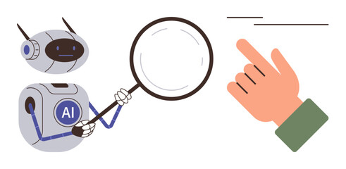Robot with AI label holding magnifying glass examines human hand pointing. Ideal for AI, technology, collaboration, research, learning, analysis, innovation. Simple flat metaphor