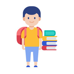 Flat illustration of student with backpack and stack of books