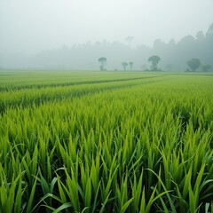 Green rice plantation with summer sky and natural scenery 
