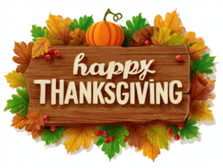 Happy Thanksgiving message on a wooden sign surrounded by colorful autumn leaves and a pumpkin perfect for holiday greetings