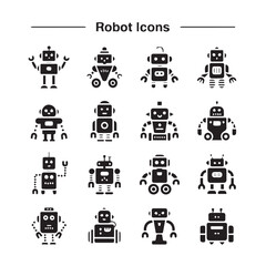 16 robot silhouettes vector set modern ai automation icons for web app ui game and editorial use