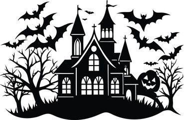 Halloween, vector illustration vector art of a spooky haunted house silhouette with bats flying around, perfect for halloween themed designs and decorations	