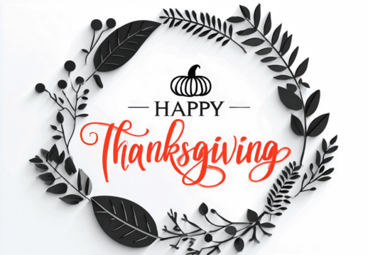 Happy Thanksgiving calligraphy with a decorative wreath elegant vector illustration for holiday greetings and seasonal designs isolated on white