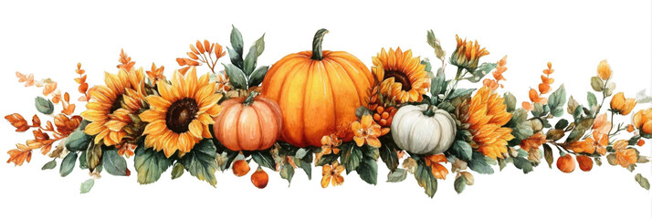 Naklejka na ściany i meble Autumn harvest arrangement with pumpkins and sunflowers watercolor illustration for seasonal designs isolated on white background